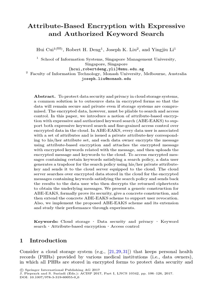 ABE-EAKS: Secure Keyword Search in Cloud | PDF | Encryption | Military ...