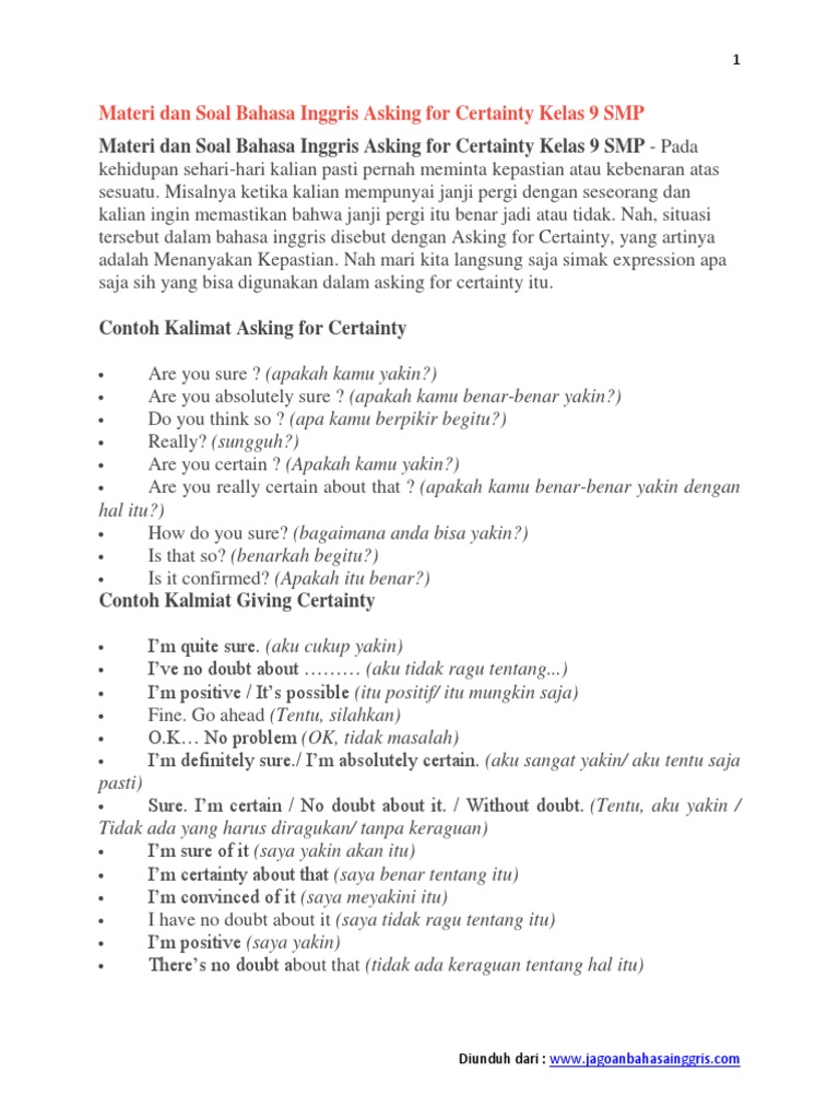 Materi And Soal Exercise Bahasa Inggris Asking For Certainty