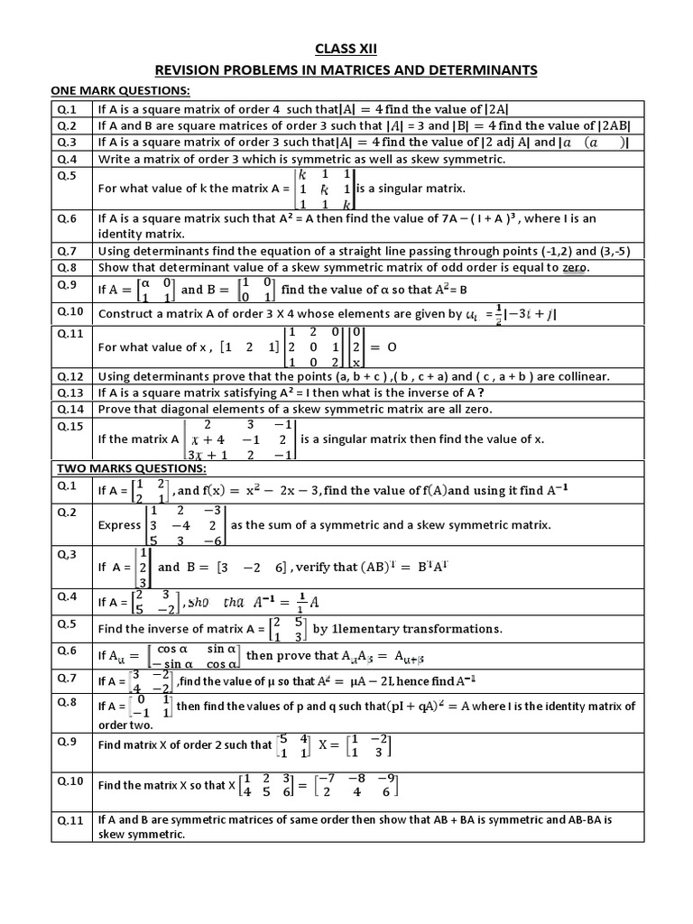 Class Xii Revision Problems in Matrices and Determinants One Mark