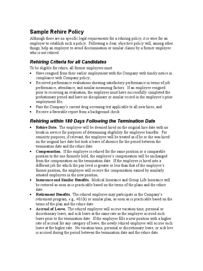 Rehire Policy PDF Accrual Leave Of Absence