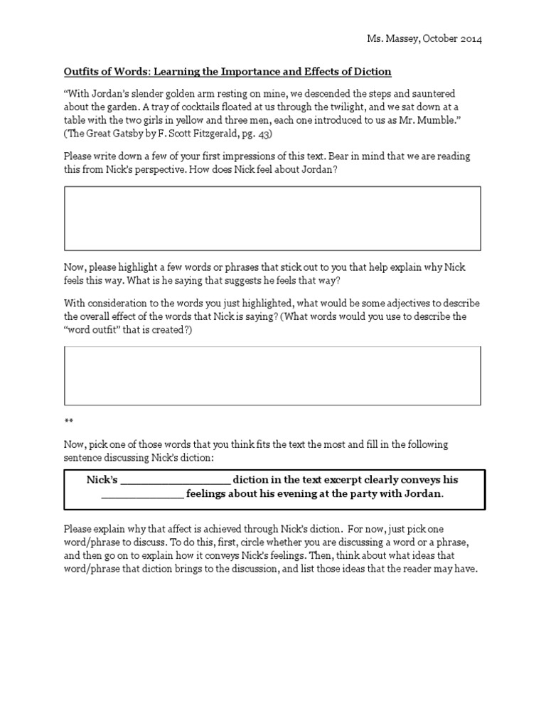 Applying Diction Worksheet No Video PDF The Great Gatsby
