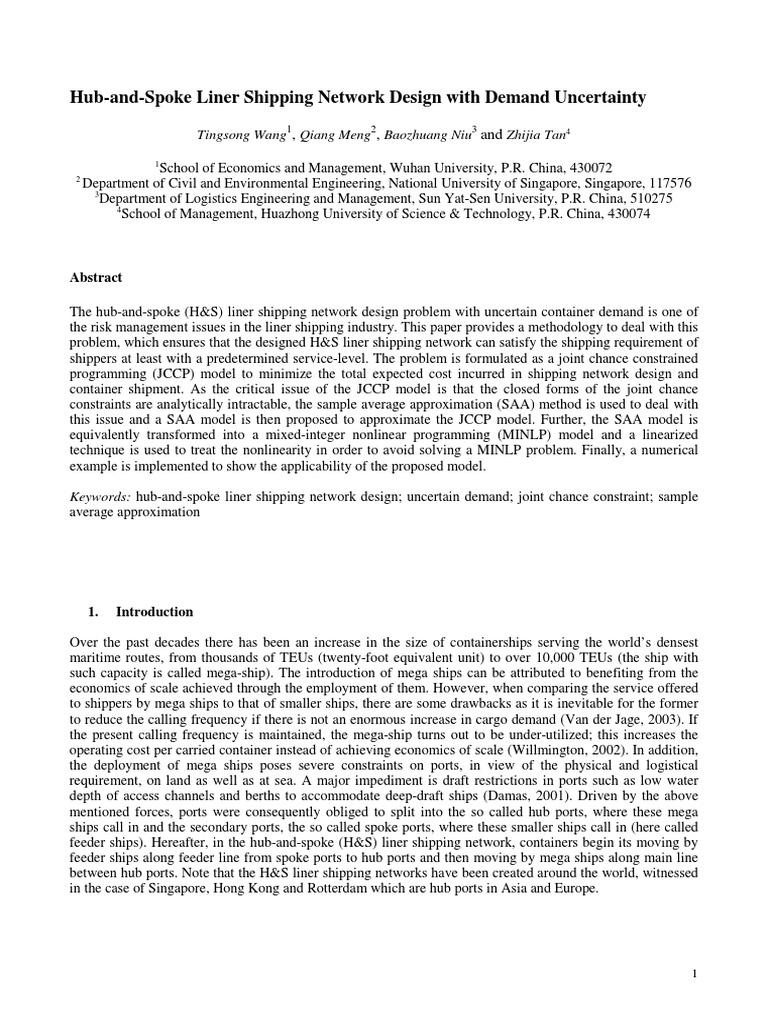 HubandSpoke Liner Shipping Network Design With Demand Uncertainty PDF Containerization