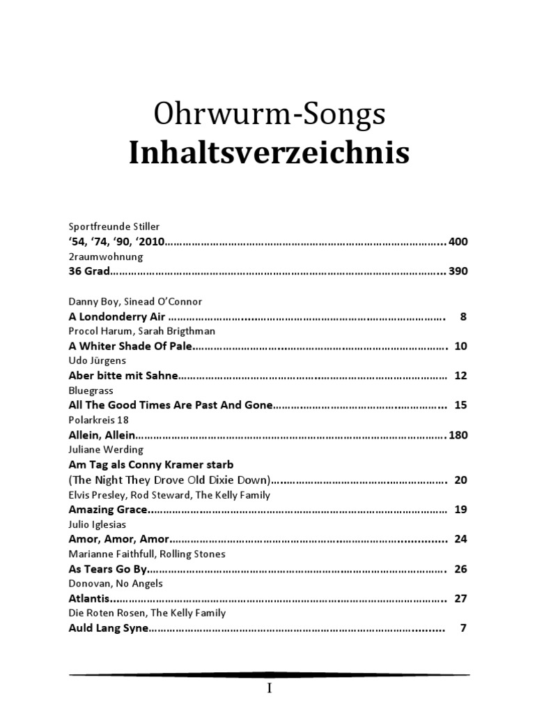 Inhaltsverzeichnis Ohrwurm Songs