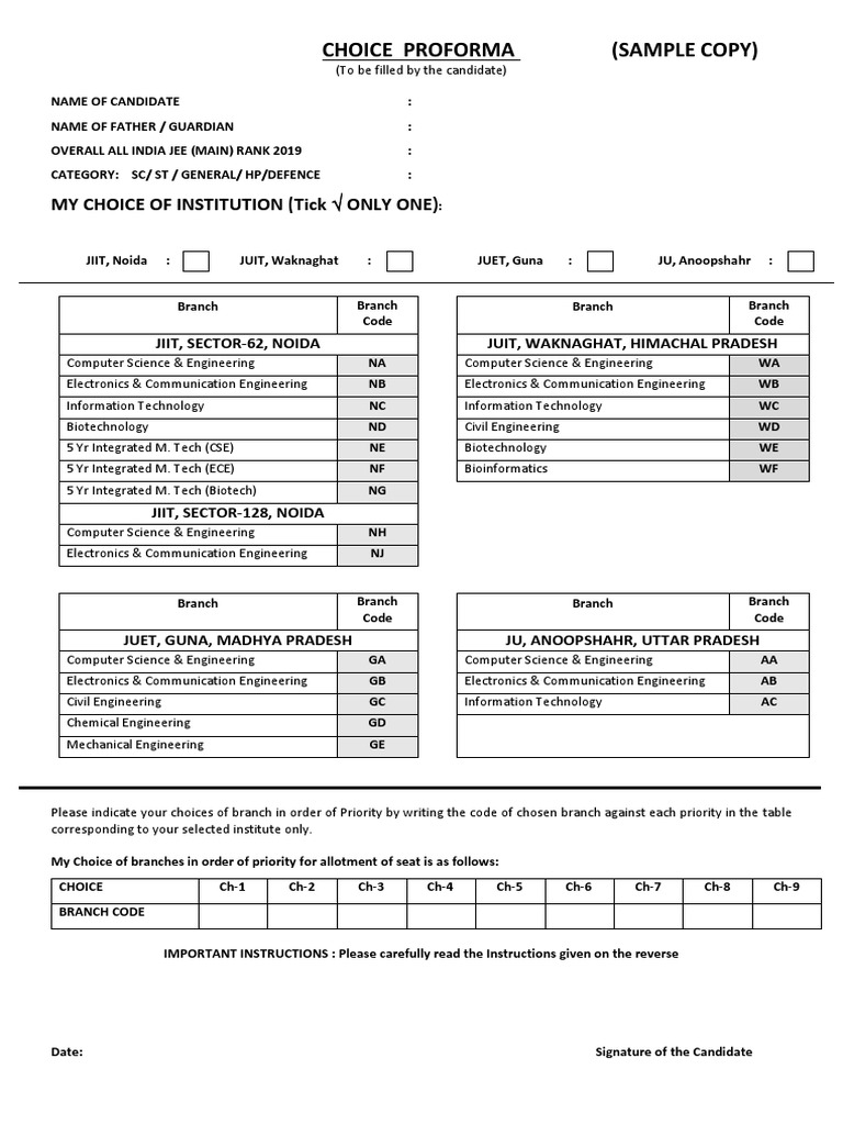 Choice Proforma (Sample Copy) : My Choice of Institution (Tick Only One ...