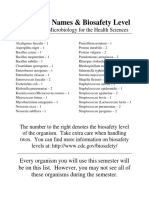 Organism Names & Biosafety Level: BIOL 2420: Microbiology For The Health Sciences