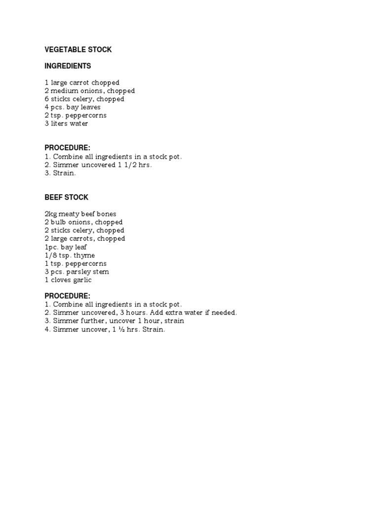 Vegetable Stock Ingredients PDF European Cuisine Regional