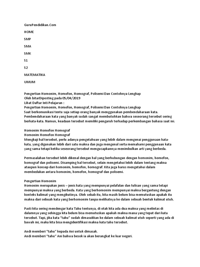 Contoh Kalimat Homonim Homofon Homograf Dan Polisemi Temukan Contoh