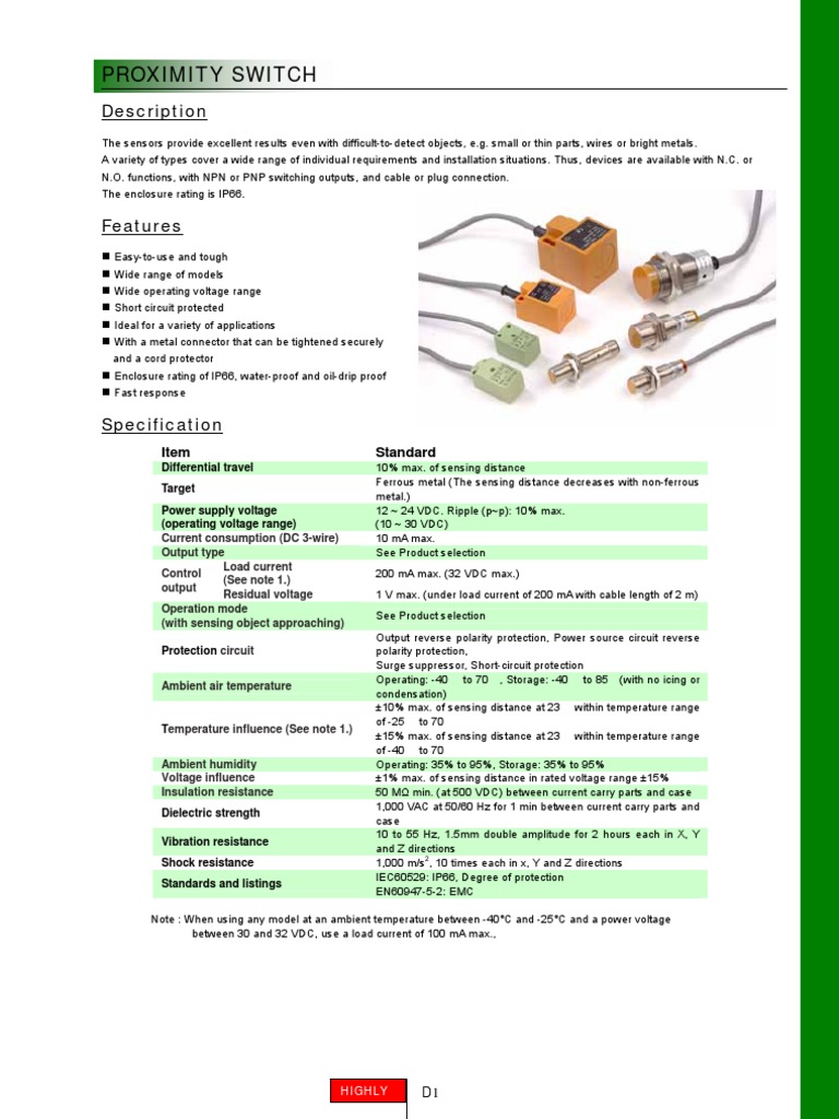 Proximity Switch Specifications and Features | PDF
