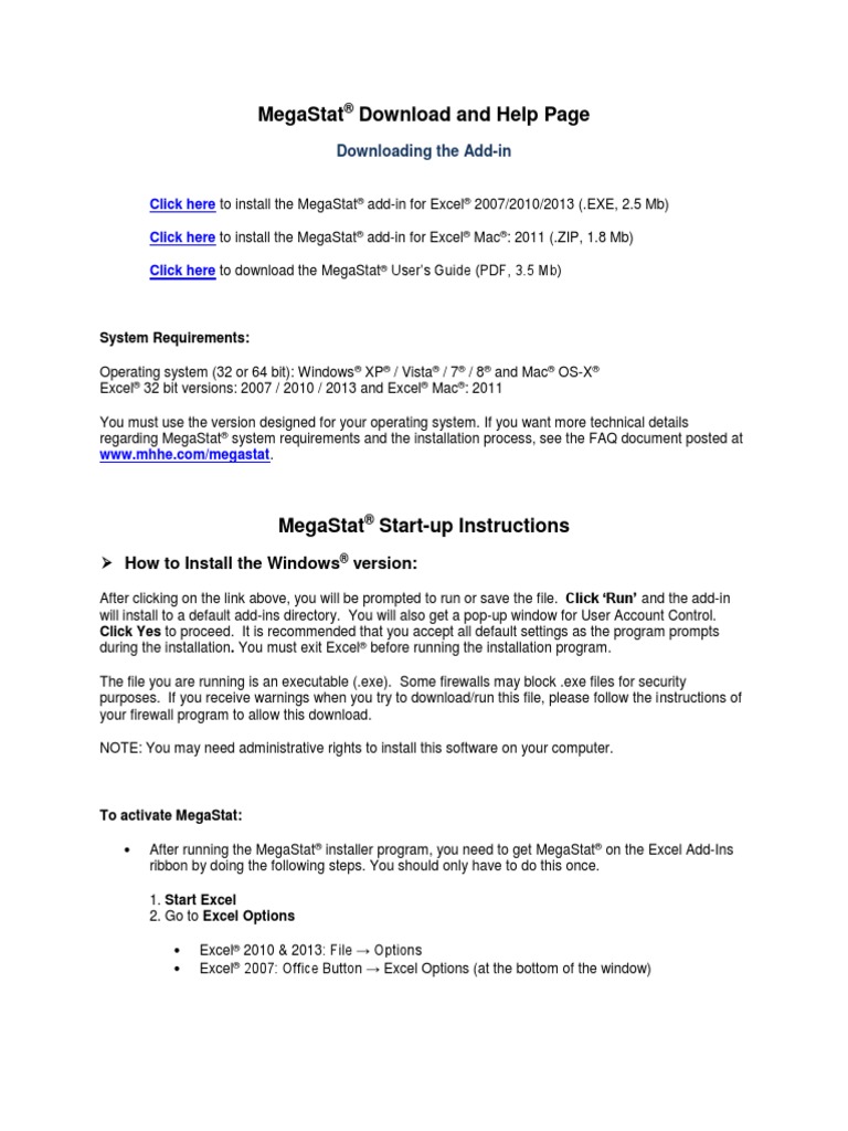 Megastat for excel 2016