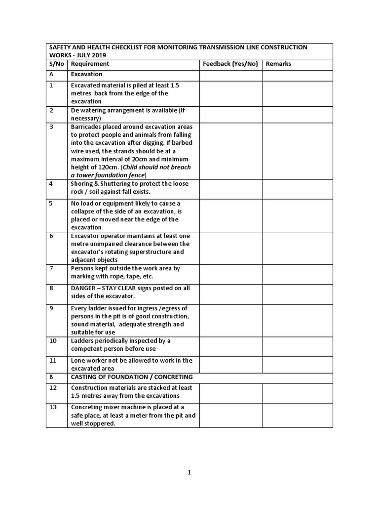 Safety and Health Checklist For Monitoring Transmission Line