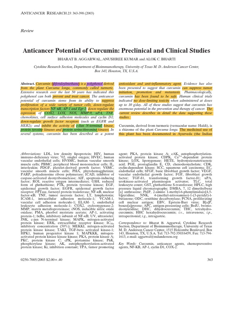 Anticancer Potential of Curcumin Preclinical and Clinical Studies | PDF ...