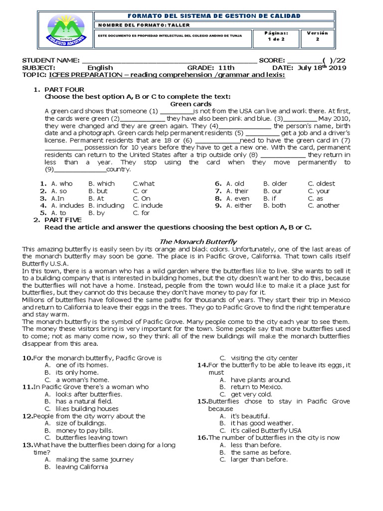 Icfes Test July 18 Butterfly Learning