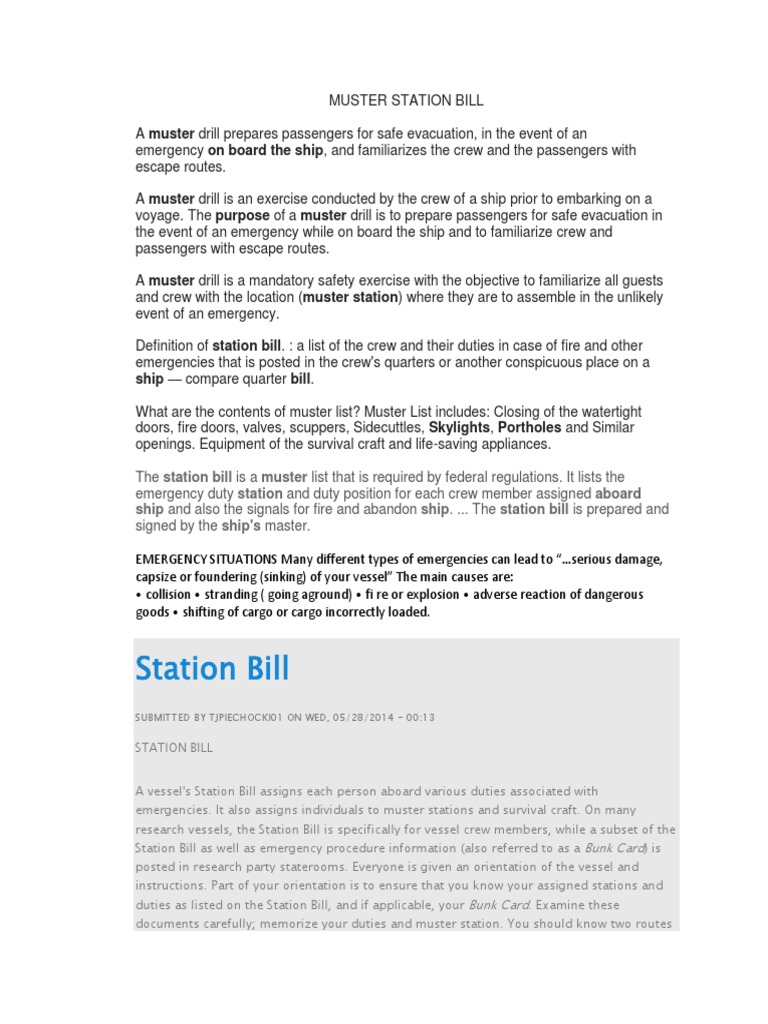 Muster Station Bill PDF Ships Emergency Evacuation