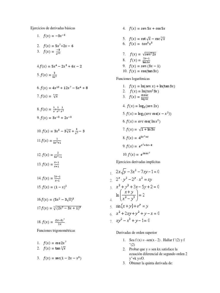 Ejercicios de Derivadas Básicas | PDF | Análisis matemático | Enseñanza ...