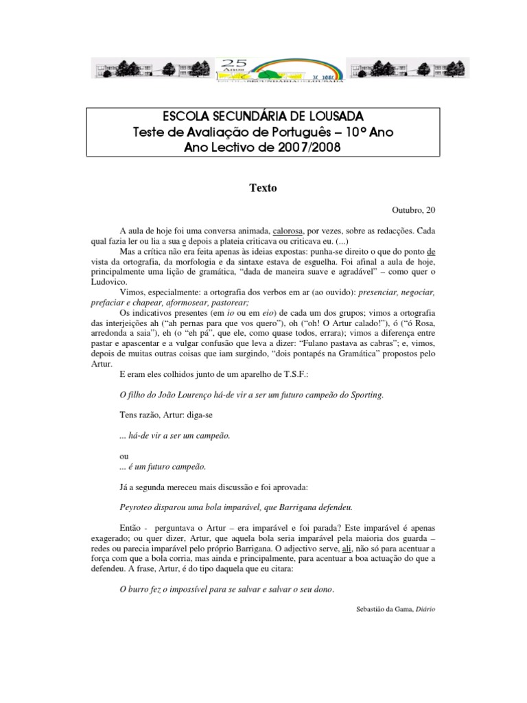 Teste de Português - 10º Ano Lousada | PDF | Gramática | Linguística