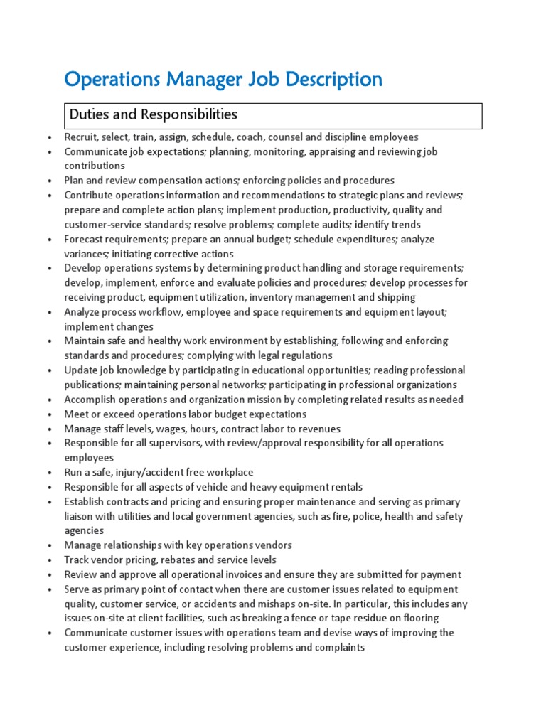 Operations Manager Job Responsibilities | PDF | Employment | Inventory