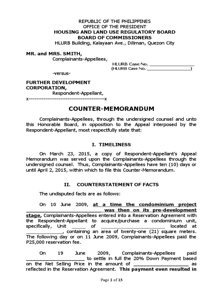 263633174 Sample Counter Memorandum HLURB Case (1) Conveyancing