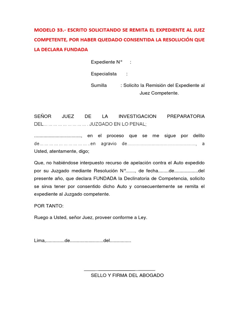 Escrito Solicitando Remita Expediente Juez Competente Haber Quedado  Consentida Resolu | PDF