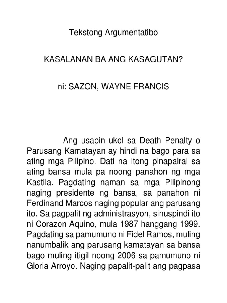 Halimbawa Ng Tekstong Argumentatibong  dehalimba