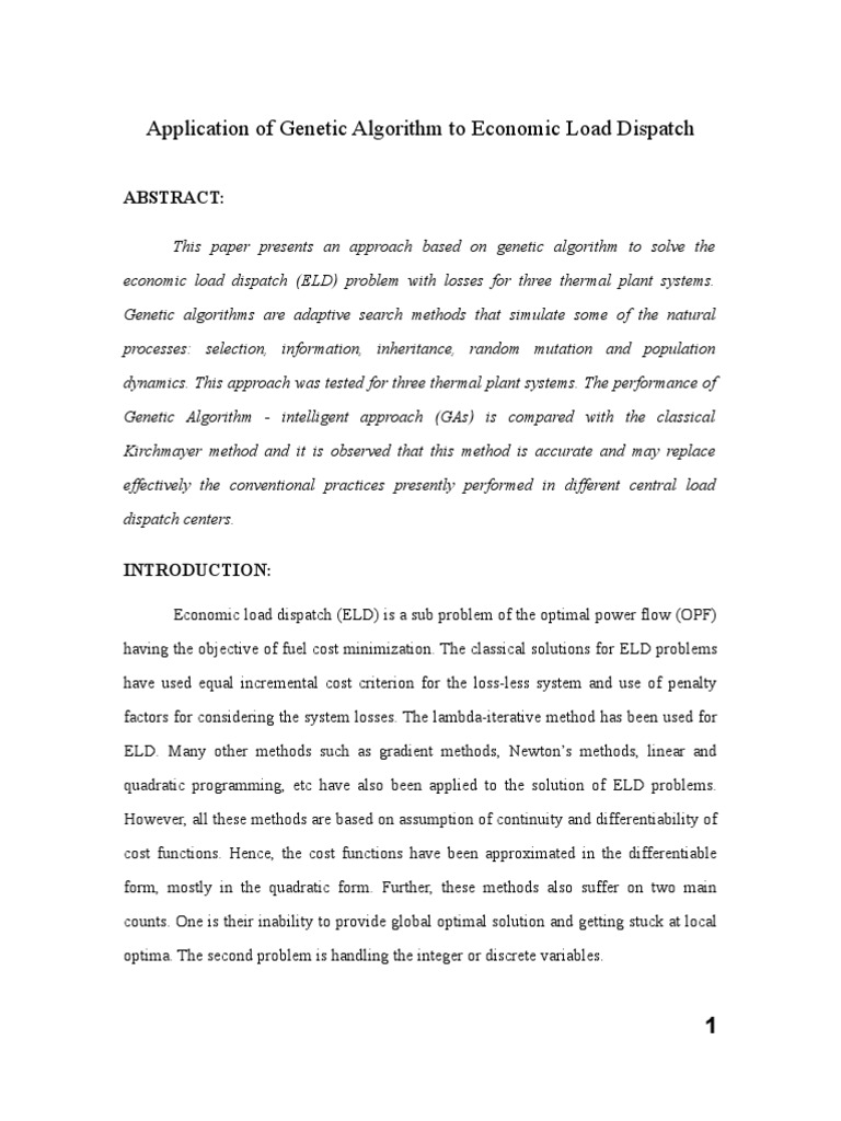 Application of Genetic Algorithm To Economic Load Dispatch: Abstract | PDF