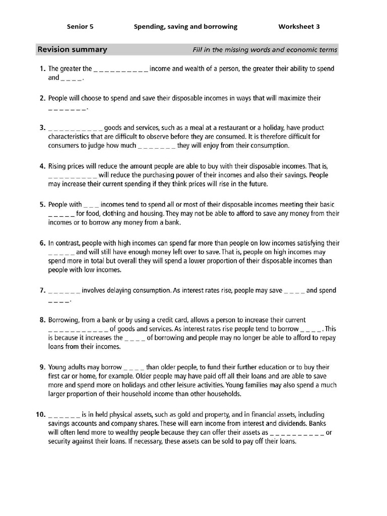 Senior 5 Spending, Saving and Borrowing Worksheet 3 | PDF