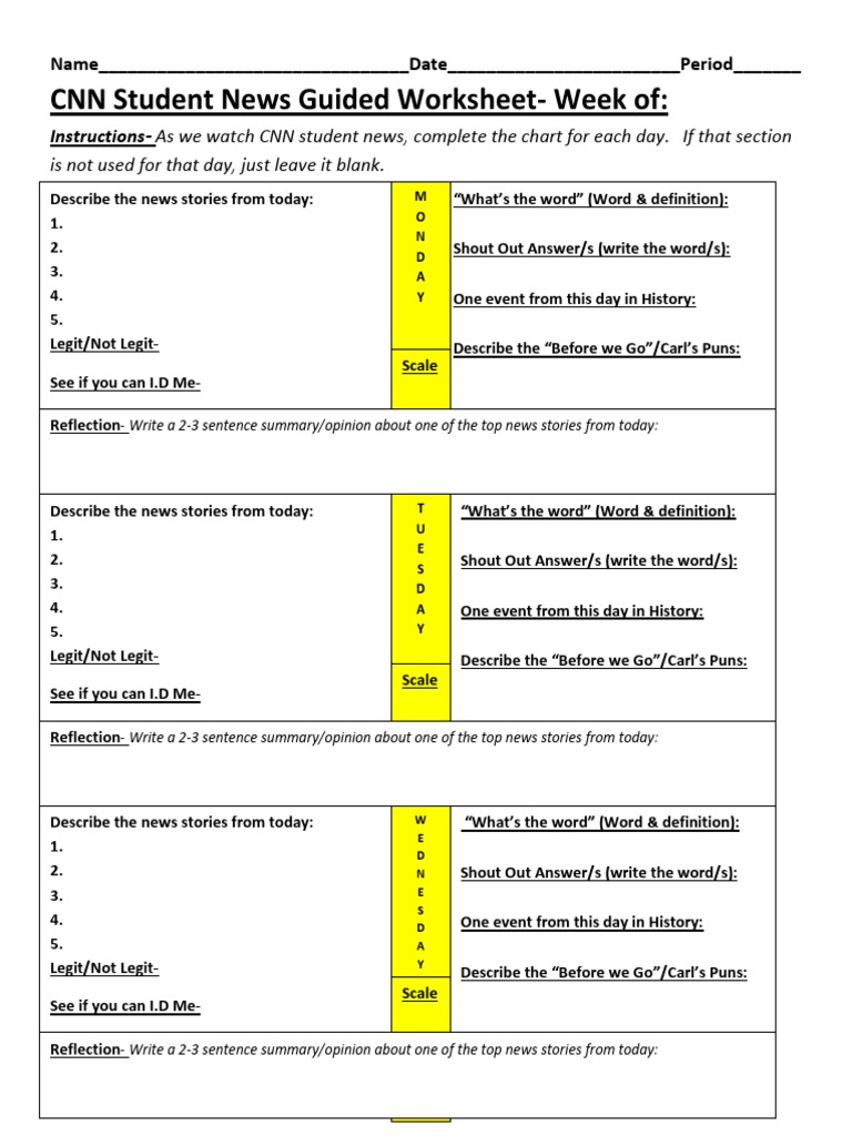 CNN Student News Guided Worksheet-Week Of:: Is Not Used For That Day ...