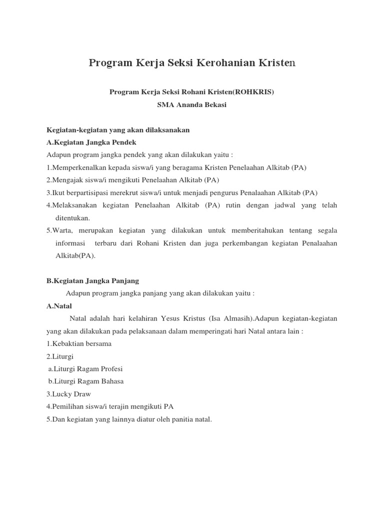 Program Kerja Seksi Kerohanian Kristen | PDF