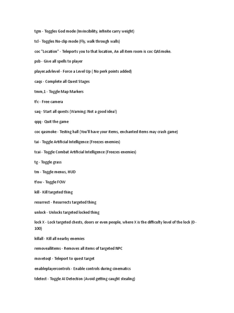 Skyrim Console Commands | PDF | Video Game Design | Video Game Gameplay