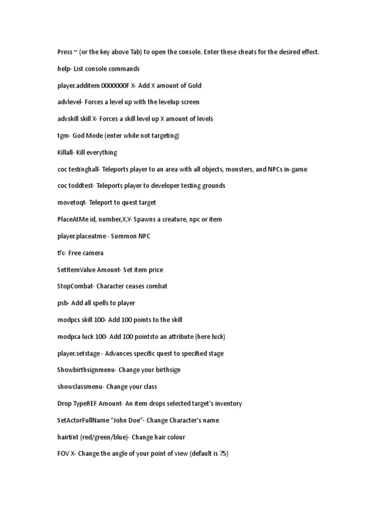 Oblivion Console Commands | PDF | Gaming | Video Games