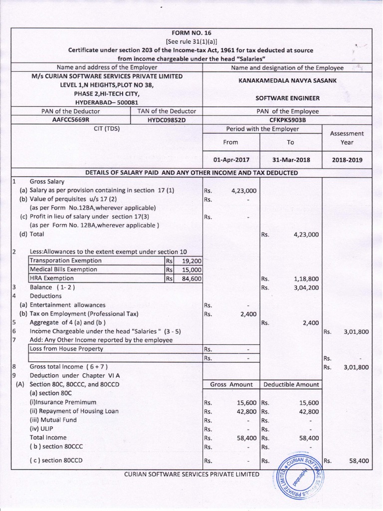 Form 16 (17 18) PDF | PDF