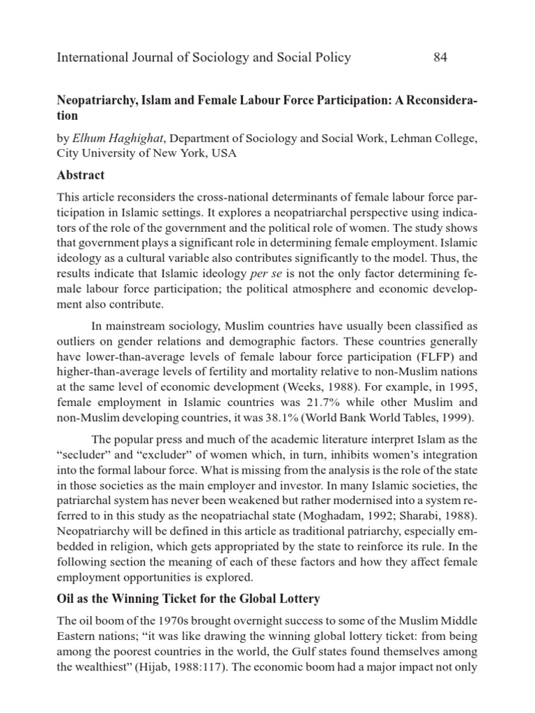 Neopatriarchy and Women's Employment in Islam | PDF | Coefficient Of ...