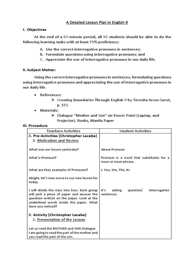 A Detailed Lesson Plan in English 9 Demo | PDF | Question | Pronoun