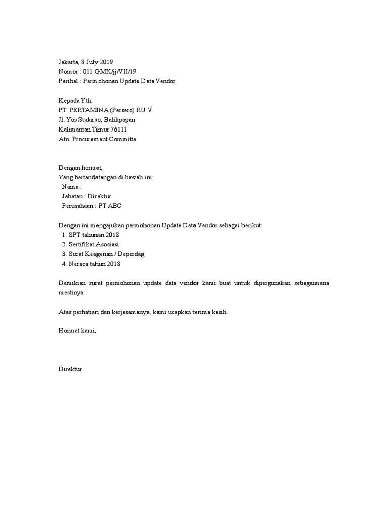 Surat Permohonan Update Data Vendor