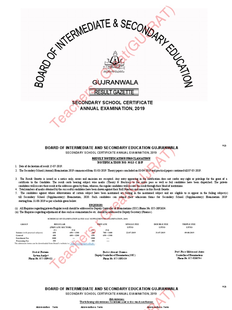 BISE GRW Matric Annual Result Announced 2019 PDF Pakistan Middle