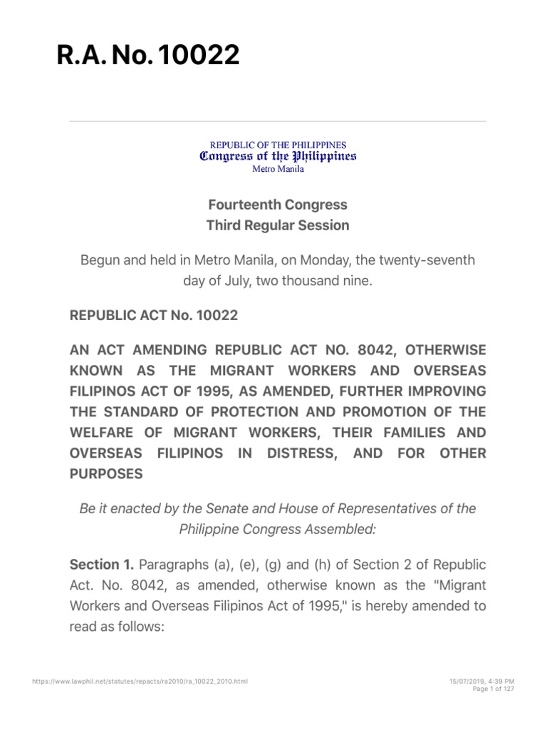 RA No 10022 | PDF | Migrant Worker | Employment