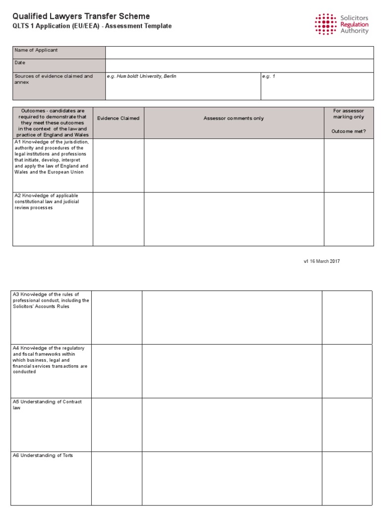 Qualified Lawyers Transfer Scheme QLTS 1 Application (EU/EEA