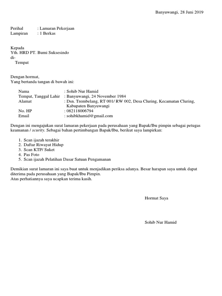 Contoh Surat Lamaran Satpam Pdf