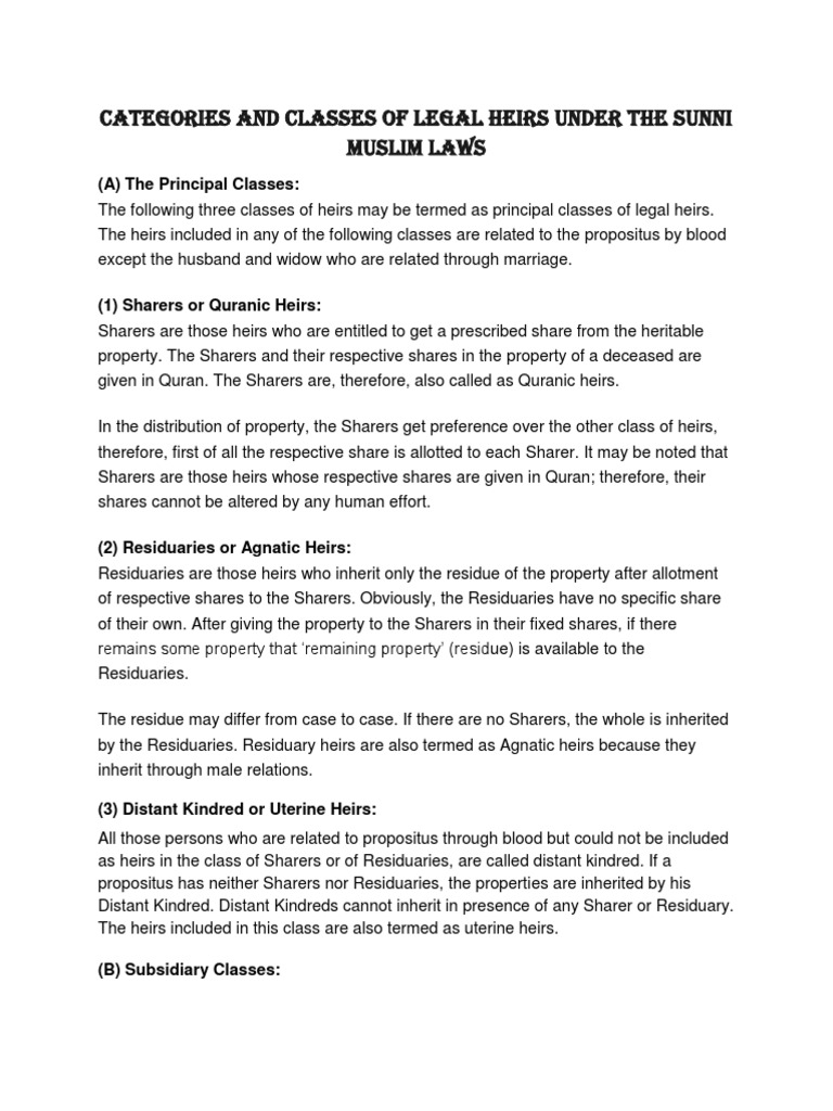 Legal Heirs in Sunni Muslim Law | PDF | Inheritance | Fraction ...