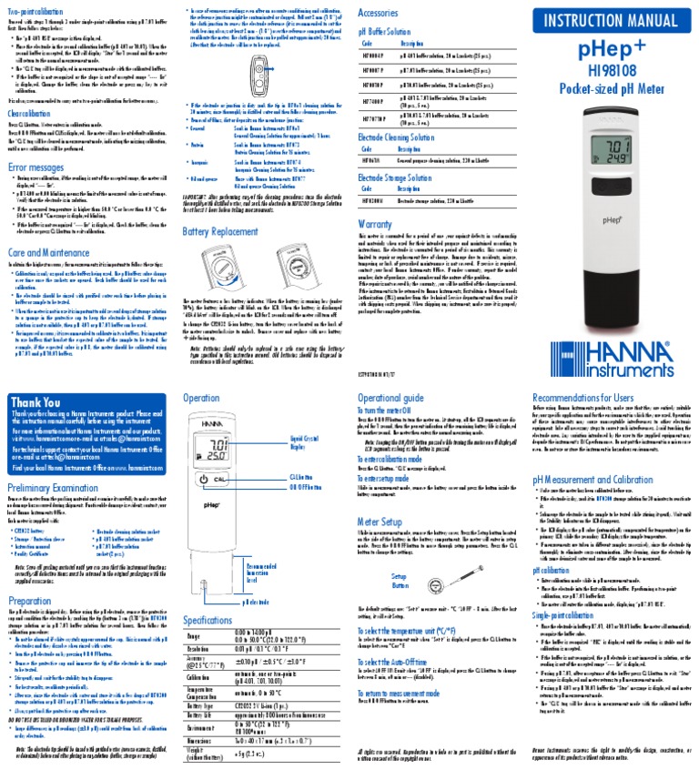 Hanna PH Meter PDF Ph Calibration