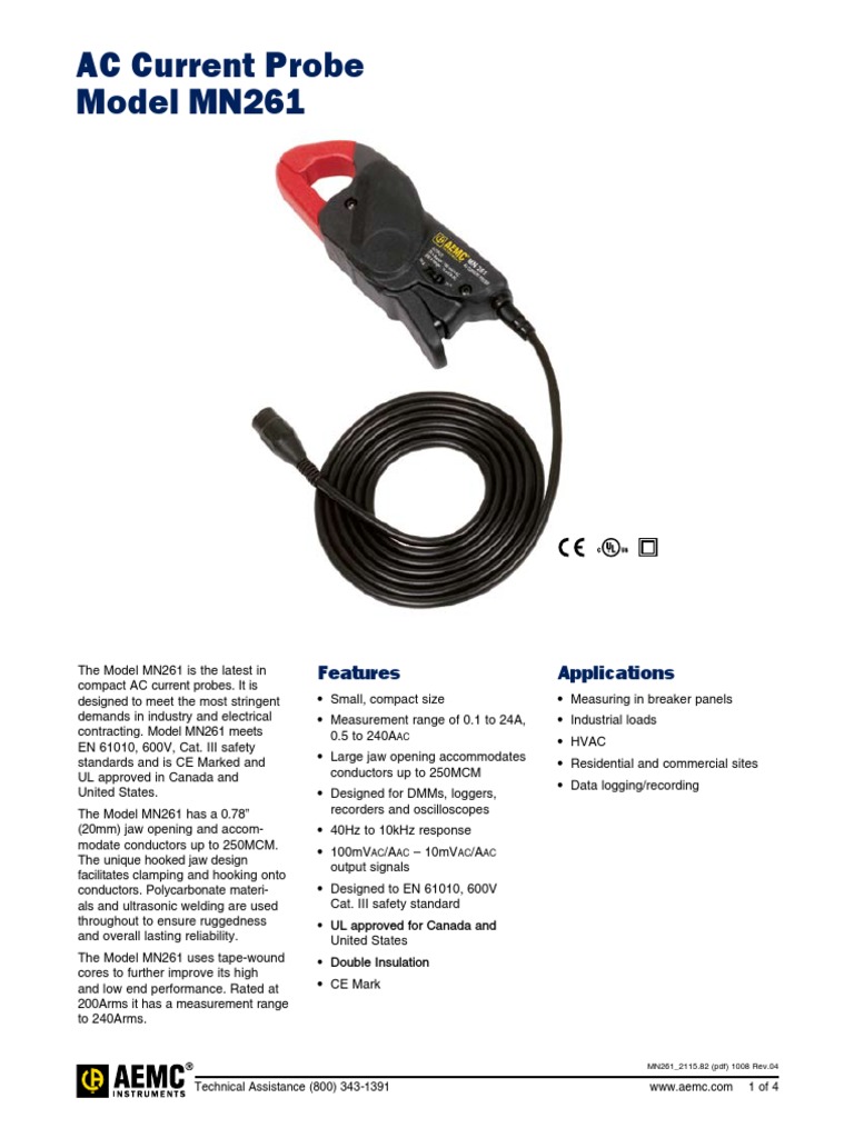 AC Current Probe Model MN261: Features Applications | PDF | Alternating ...