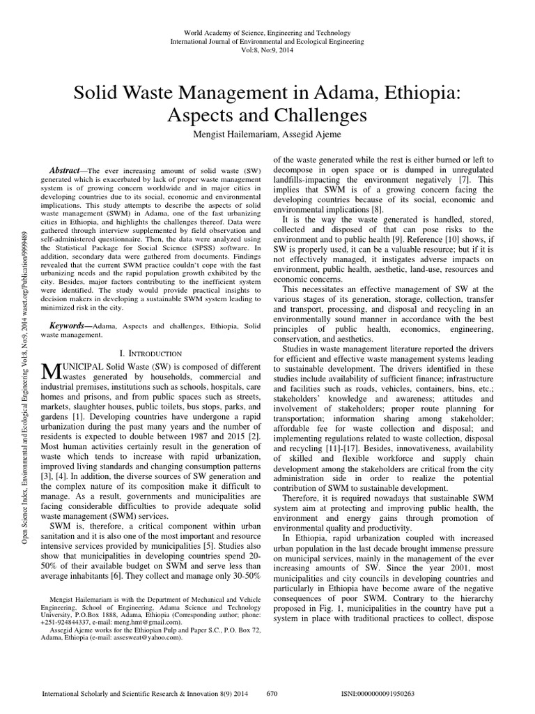 Solid Waste Management in Adama Ethiopia Aspects and Challenges | PDF ...