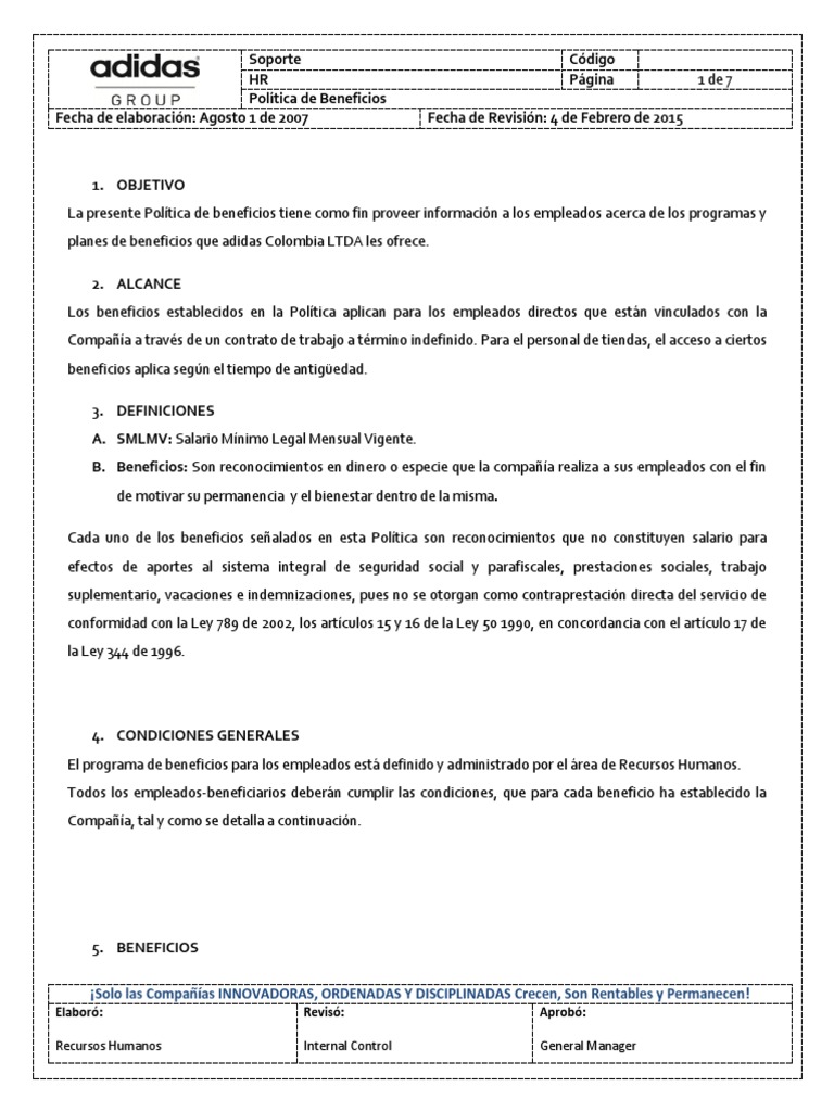 chico Género puede Politica de Beneficios Adidas | PDF | Salario | Póliza de seguros