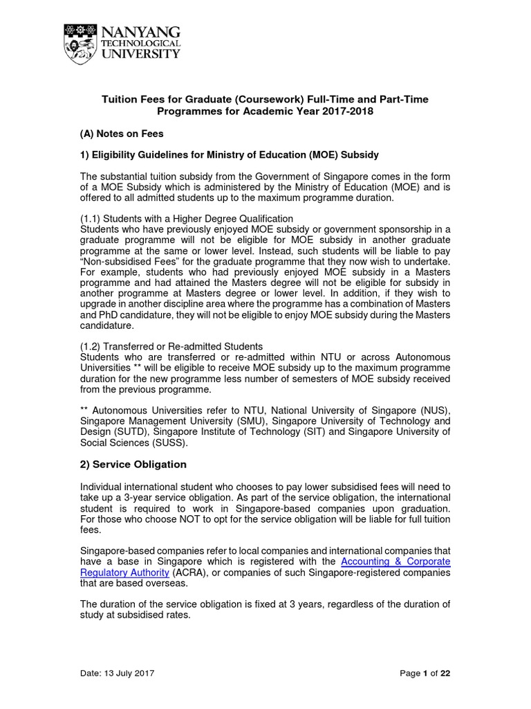 NTU Graduate Tuition Fees 2017-2018 | PDF | Postgraduate Education ...