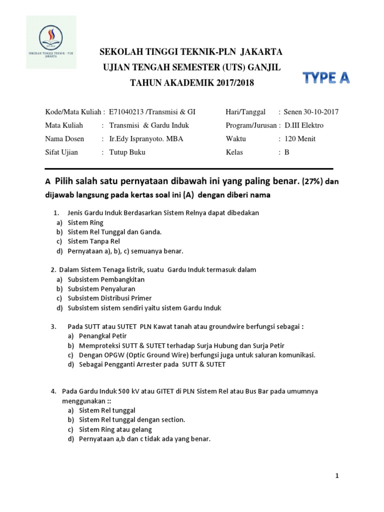 Soal Uts Gardu Induk Sutt 2017 Type A