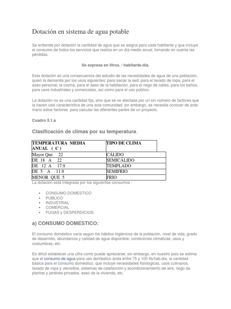 Dotación de Agua Potable por Clima | PDF | Consumo (economía) | Agua
