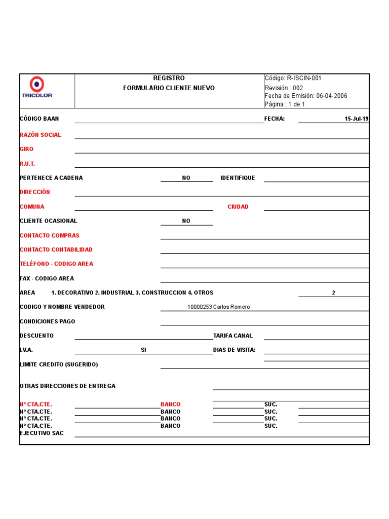 Formulario Cliente Nuevo R-ISCIN-001 | PDF