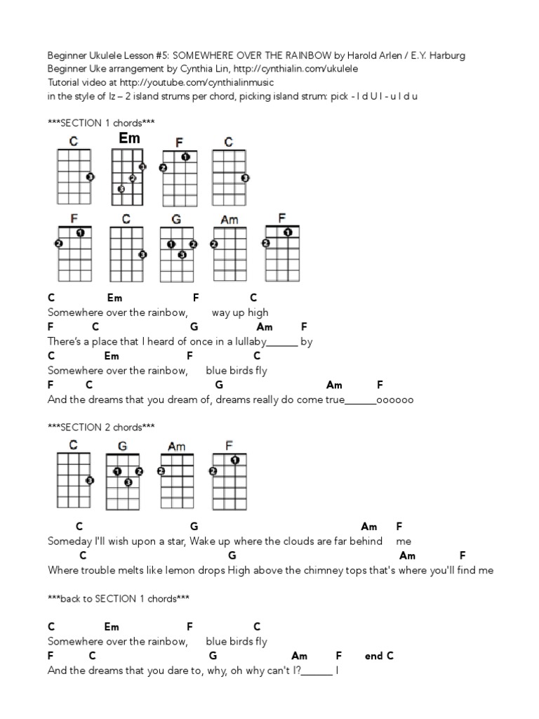 Somewhere Over The Rainbow Beginner Ukulele Chord Chart Pdf Pdf Entertainment General
