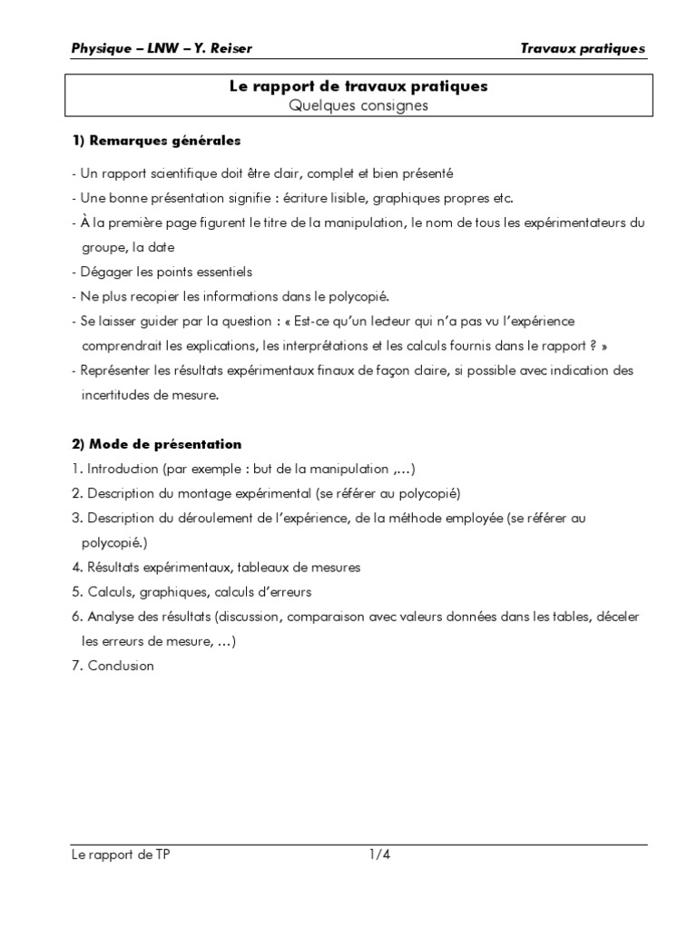 Rapport de TP en Physique | PDF | Expérience | Enseignement des ...