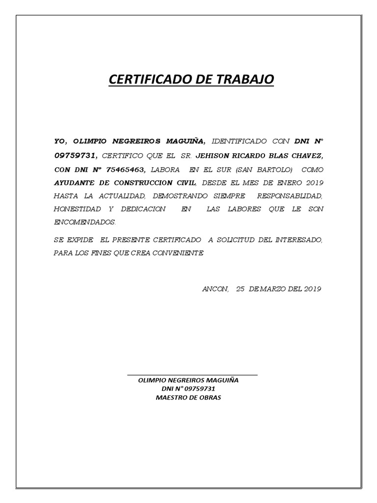 Certificado de Trabajo Construccion