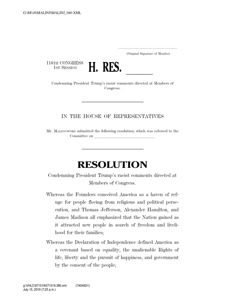 Resolution by House Dems on Trump Government Politics
